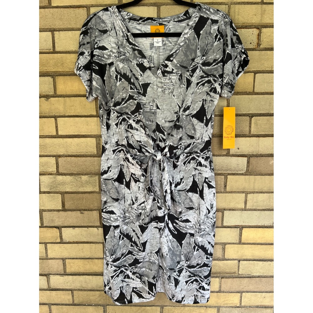 Ruby Rd. Black Grey Palm Leaf Print V-Neck Tie Front Dress Size Small NWT